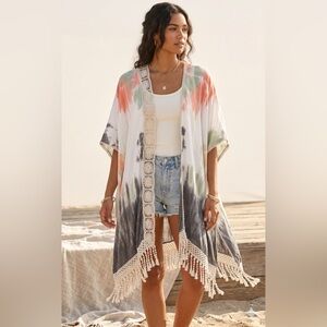 Woven Heart Kimono Cover Up Shawl Lace Tie Dye Boho Tassels Open XL